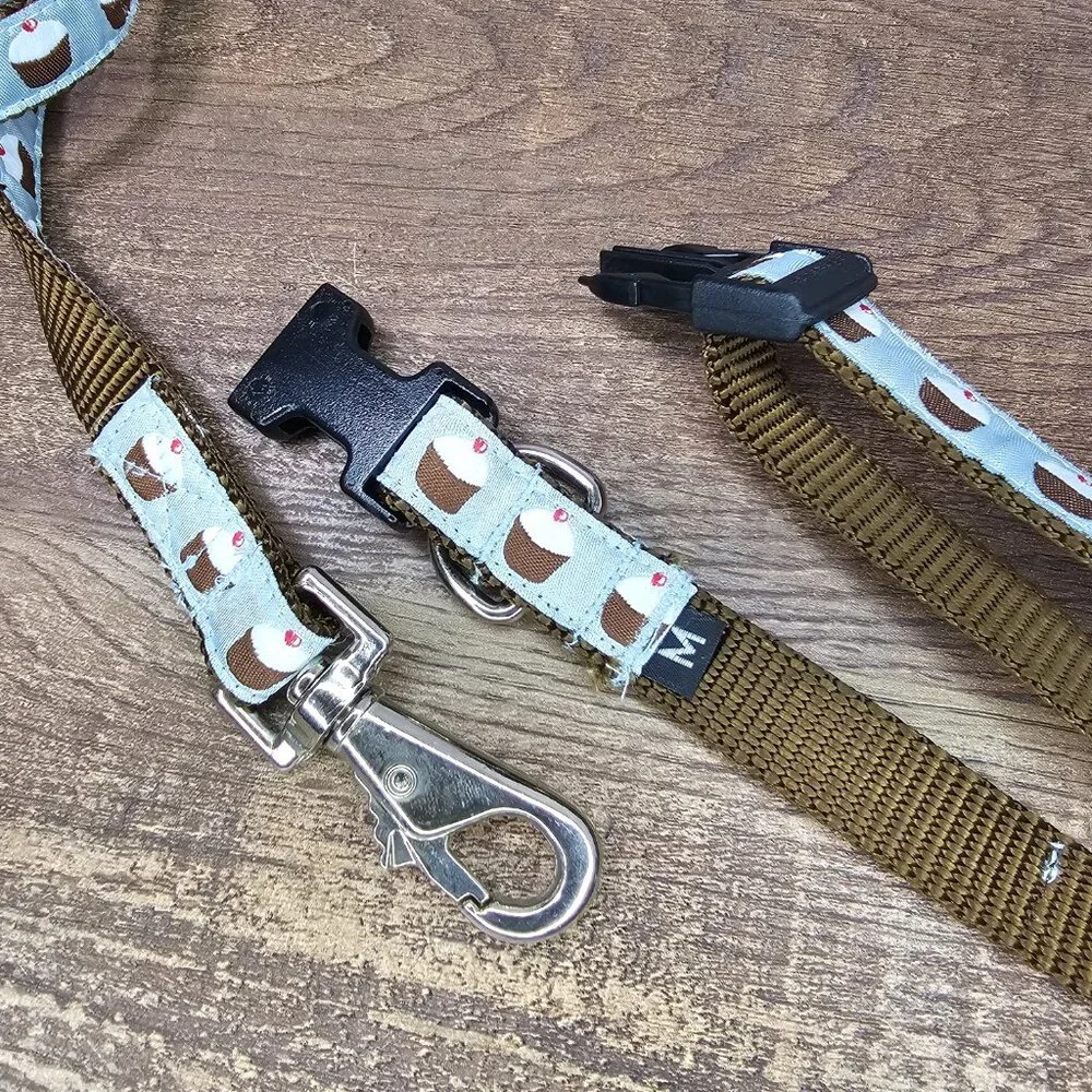 Bella Bean Cupcakes Leash 5’ & Collar M (25-63 lbs) Set in Copen Blue